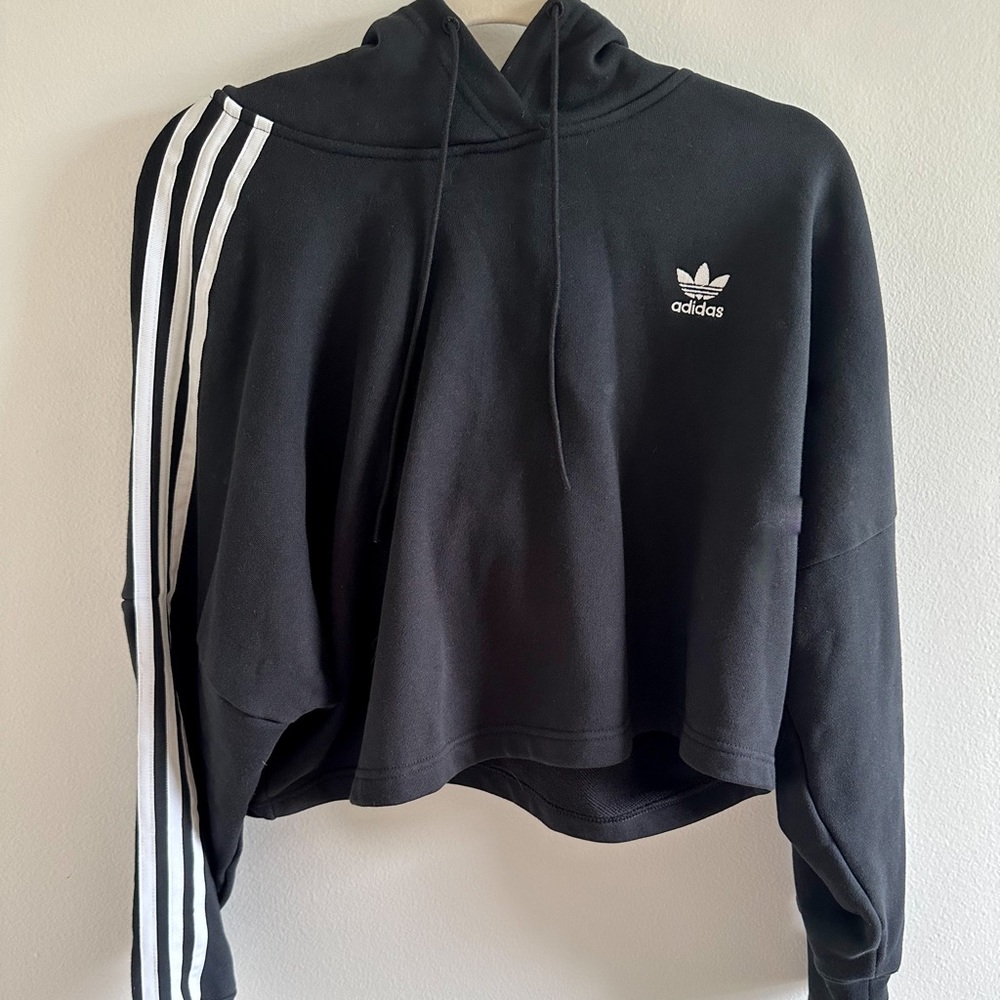 Adidas Women’s Classic Stripped Cropped Hoodie Sweatshirt Size Small 🖤